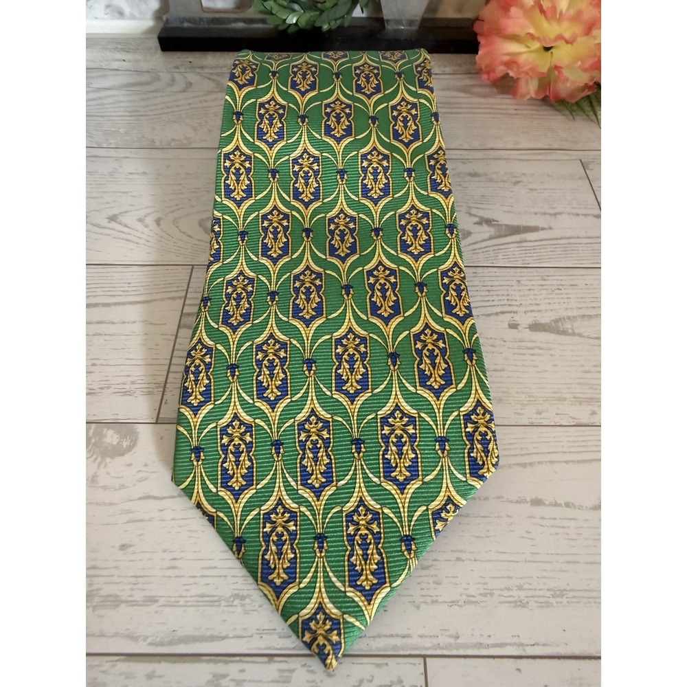 Paul Fredrick Silk Tie 4" Wide Green Blue Gold Ornate Medallion Classic Executiv - Picture 8 of 16